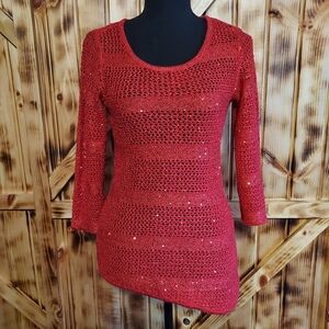 INC International Concepts Women's Red  3/4sleeve asymmetrical crochet top S
